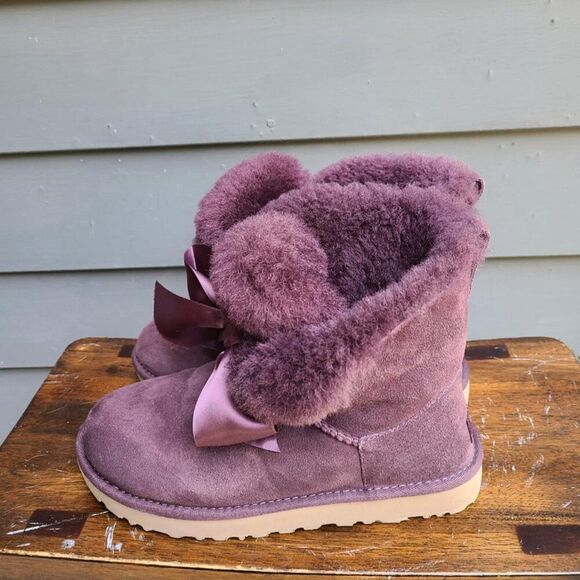 UGG Gita Bow Mini Boot Eggplant Purple Suede Shearling size 7 - Picture 7 of 11